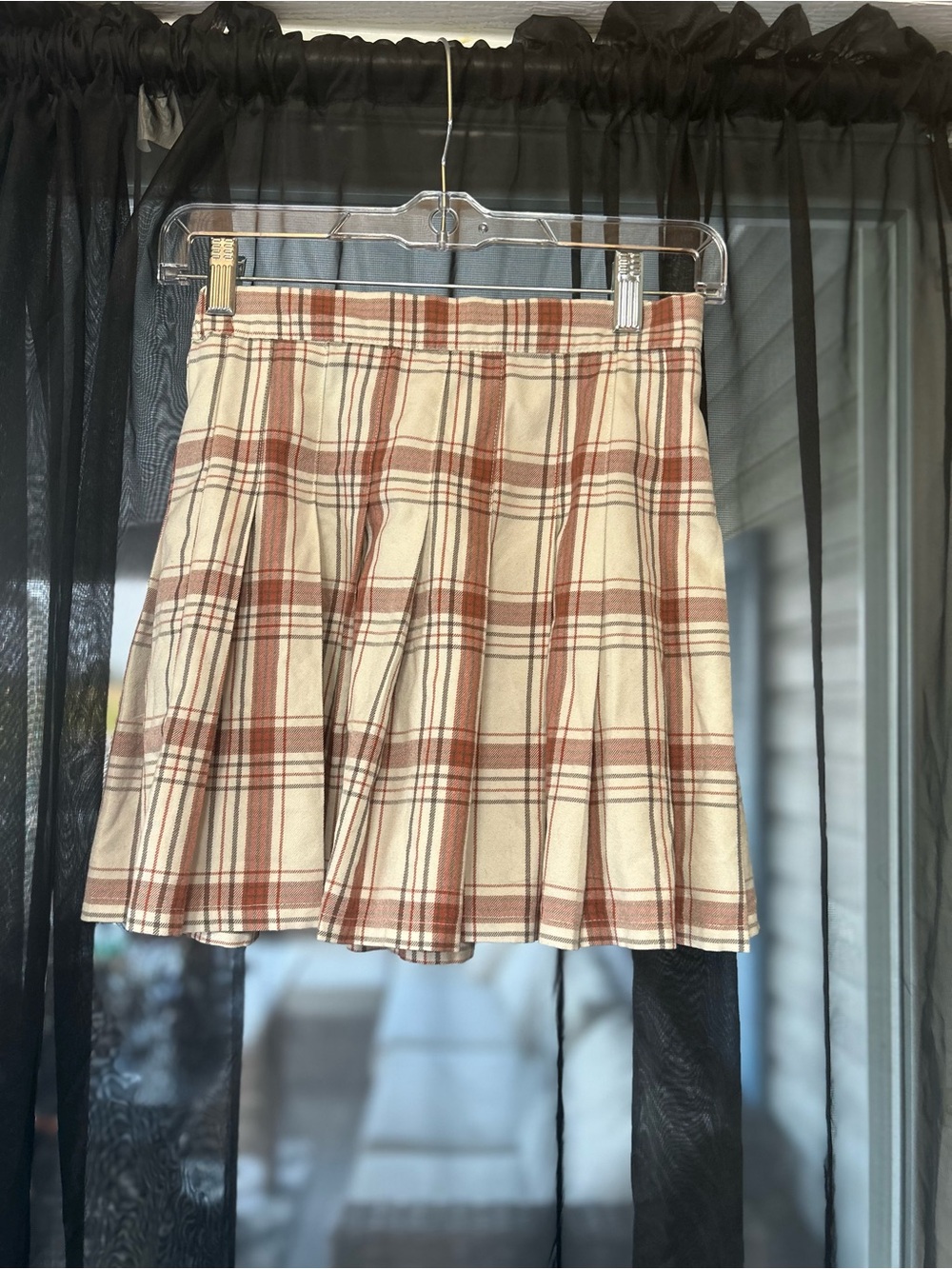 aerie Plaid Pleated Skater Skirt - Cream & Rust